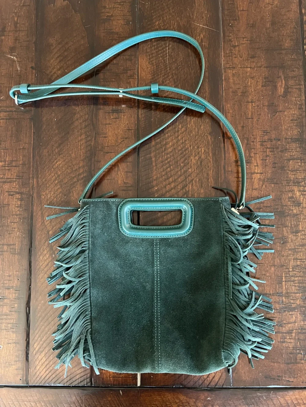 Maje Green Suede Fringe Crossbody Bag Boho Festival Leather Purse - Picture 4 of 8